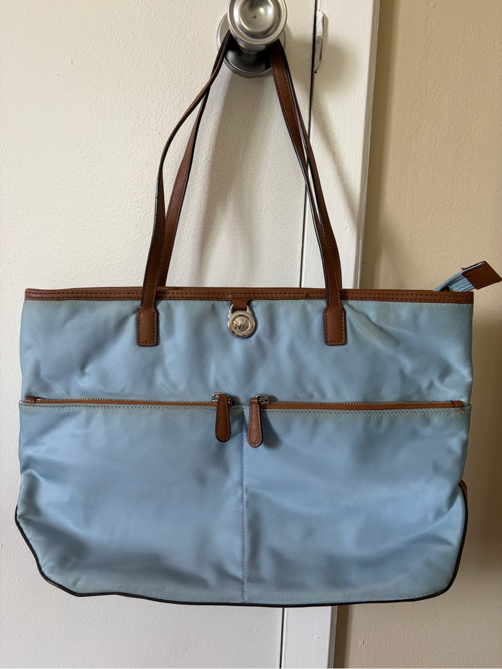 Michael Kors light blue nylon tote with brown leather trim
